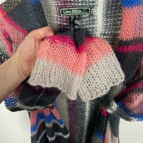 Love Stitch‎ Mohair Pink Grey Blue Striped Open Knit Cardigan Sweater Size Small - Picture 6 of 12